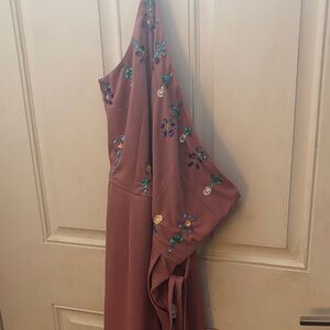 SHEIN Mauve One-Shoulder Embellished Pantsuit